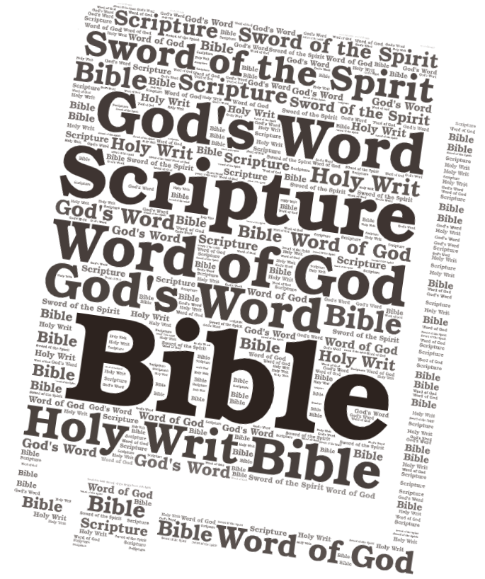 Word cloud of 'Bible' and synonymous expressions such as God's Word, Sword of the Spirit, Scripture, and Holy Writ.